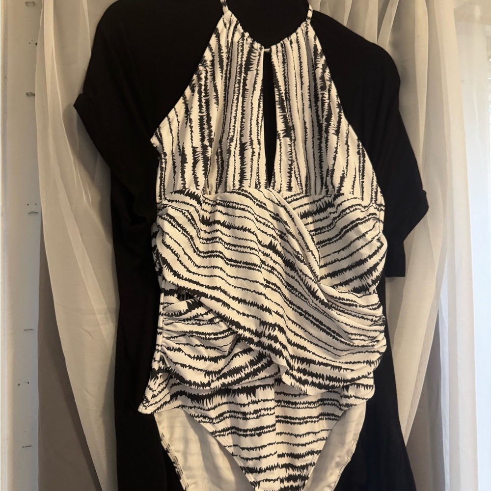Asymmetrical Ruched Black and White Swim